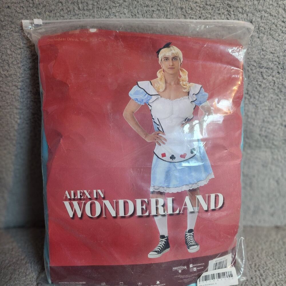 Alex in Wonderland Costume XL Blue White Dress Wig Hauntlook 2023